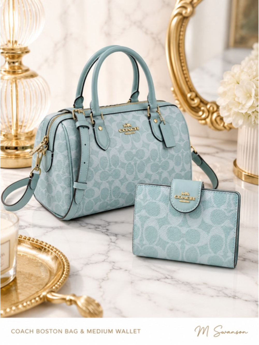 NEW Coach Rowan & Medium Corner Zip Wallet Set Light Blue Signature Canvas NWT
